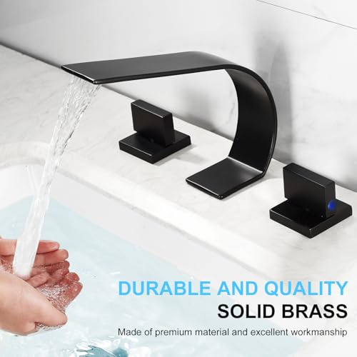 becola Black Bathroom Faucet 3 Hole,Ultrathin Low Arc 8 inch Widespread Bathroom Faucet,Waterfall Bathroom Faucet,2-Handle Modern Vanity Faucet with Hot and Cold Water Supply Hoses by becola - Used condition - Image 7