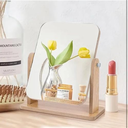 Image of Basto Wooden Tabletop Makeup Mirror - 360 Rotating Adjustable Vanity Desk Mirror, Portable for Bathroom, Bedroom, Living Room, Shaving & Makeup (Small)