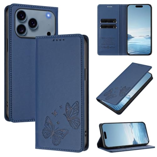 Étui pour iPhone 17 bleu foncé clapet portefeuille magnétique avec papillon