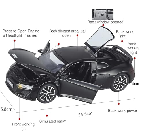 Image of 1:32 Scale Audi R8 Die-Cast Car - Alloy Pull Back Toy Vehicle with Lights, Engine Sounds & Openable Doors - Metal Sports Car Model for Boys, Kids & Collectors (Color as per Stock)