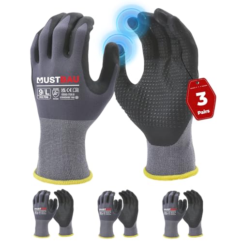 Mustbau 3 Paia Guanti da Lavoro con Schermo Tattile e Punti Neri, Guanti Nitrile Resistenti All'Abrasione e Ventilati, Ideali per Lavoro, Giardinaggio, Meccanica, Edilizia (Grigio,L)