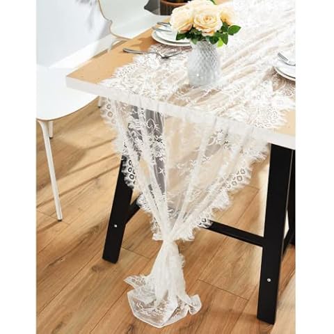 OurWarm 28 x 120 Inches Vintage Lace Wedding Table Runner, White Floral Lace Table Runners for Rustic Chic Wedding Reception Table Decor, Boho Wedding Bridal Shower Party Decorations Cover