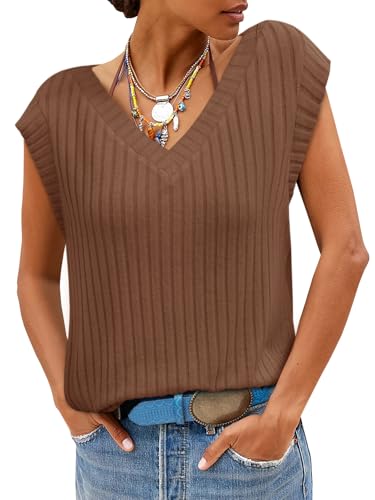 Cicy Bell Womens Ribbed Cap Sleeve Tank Tops V Neck Knit Summer Casual Shirts Lightweight Pullover Sweater Vest