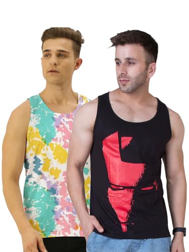 Image of Veirdo Pure Cotton Sleeveless Vest Combo for Men & Boys (Scoop Neck, Regular Fit, Multicolor, Printed, Suitable for Gym, Beach, Casual & Sports) (Pack of 2)