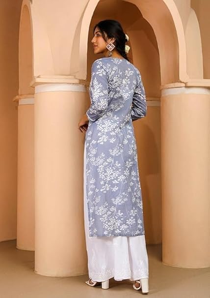 Women's Embroidered Streight Kurta, Grey, Long Sleeve, Cotton Blend, Ethnic Wear, Only Kurti