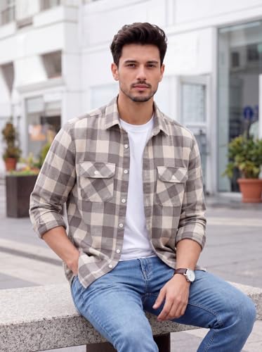 Image of Amazon Brand - INKAST Men's Cotton Blend Button Down Shirt || Long Sleeve Casual Flannel Check Shirt || Soft Breathable Lightweight Collared Shirts with Two Flap Chest Pockets || Stylish Everyday Wear
