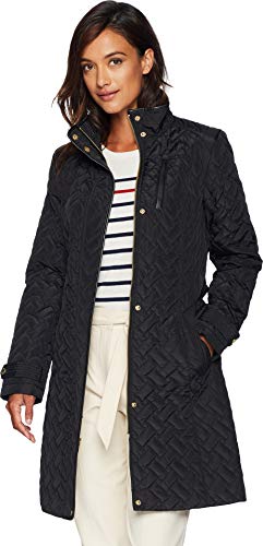 Cole Haan Womens Belted Signature Quilt Zip Front Coat with Trapunto Stitching Details (Black, Small)