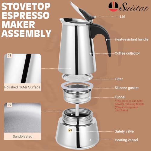 Image of Moka Pot, 4 Cups (7.1 oz) Stovetop Espresso Maker, 304 Stainless Steel Moka Pot, Induction Compatible, Silver