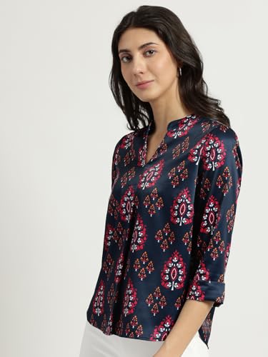 Image of FableStreet Women Shirt Work & Casual | Relaxed Fit Mandarin V-Neck Three-Quarter Sleeves Solid Pattern | Breathable Woven Fabric for Office & Everyday Wear