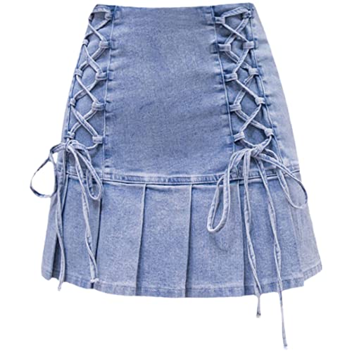 Jupe en jean à lacets Alloaone plissée taille haute bleu grande taille 52
