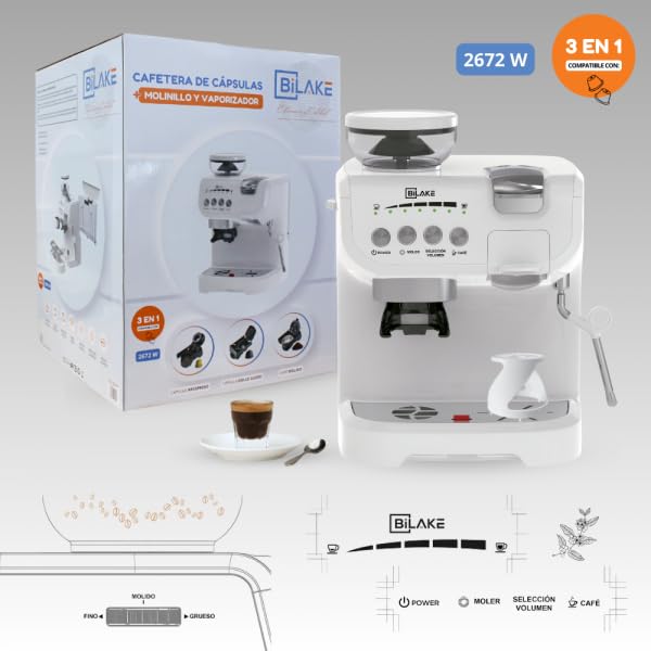Bilake Cafetera Blanca | Espumador de Leche | Cafetera automática con Molinillo | Espreso y capsulas Compatible nespreso y Dolce Gusto