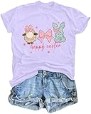 Easter Shirts for Women Happy Easter Tshirt Cute Bunny Rabbit Bow Graphic Tee Casual Short Sleeve Easter Gift Tops B-Purple