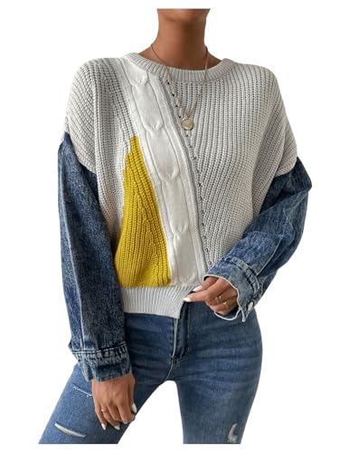 MakeMeChic Women's Patchwork Crew Neck Sweater Asymmetrical Long Sleeve Drop Shoulder Knit Pullover Top