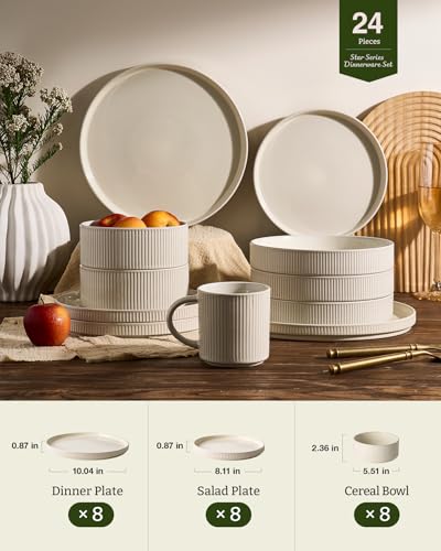 Image of Famiware Stoneware Dinnerware Sets for 8, 24pc Rimmed Plates, Bowls, Dishes | Chip & Scratch Resistant Ceramic, Microwave & Dishwasher Safe, Everyday & Formal Use, Modern Rustic, Lipped Edges, Oat White