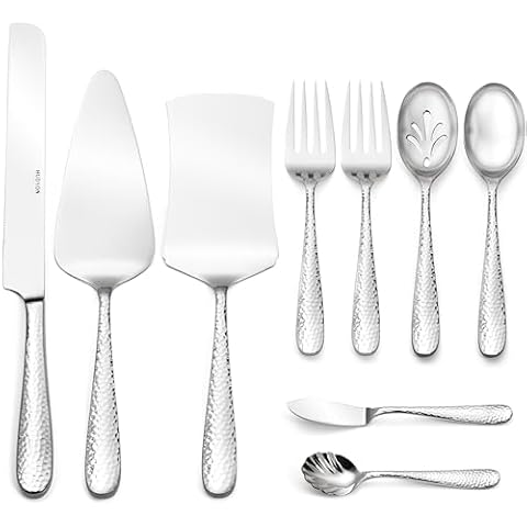 Hudson Essentials 9-Piece Bergamo Hammered 18/10 Stainless Steel Hostess Serving Utensil Set - Flatware Silverware with Wedding Cake Knife & Cake Server - Perfect for Weddings, Engagements and Parties Cover