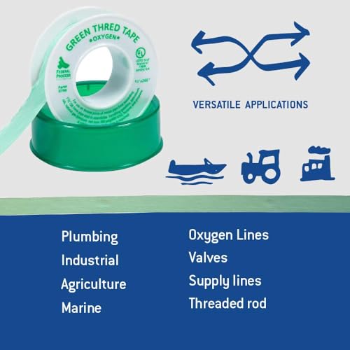 Image of Gasoila Green PTFE Thread Seal Tape - Professional-Grade, 1 /2 Inch x 260 Inch, High-Density Thread Tape for Oxygen Lines - Leak-Proof Seal, Non-Toxic, 24 Pack