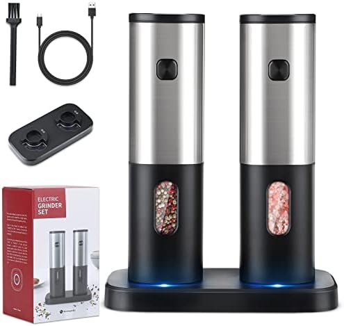 Electric Salt and Pepper Grinder Set Rechargeable, HOMCYTOP Automatic Salt & Pepper Mill Refillable with Storage Base, USB Cables, Blue LED Light, One Hand Operation, 2 Adjustable Coarseness Mills