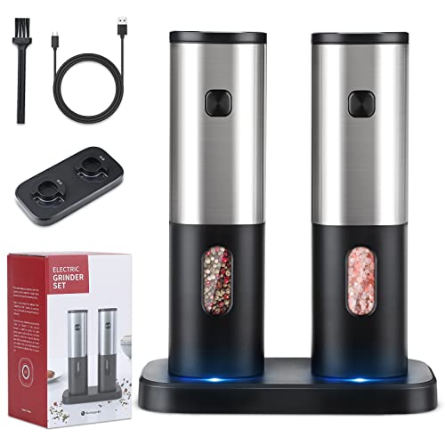 Electric Salt And Pepper Grinder Set Rechargeable, Homcytop Automatic Salt & Pepper Mill Refillable With Storage Base, Usb Cables, Blue Led Light, One Hand Operation, 2 Adjustable Coarseness Mills #TOP2