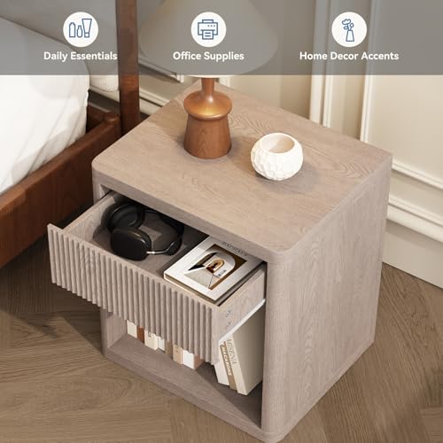 Image of OLIXIS Set of 2 Modern Nightstand, 22.7 inch Fluted Drawer Wood Bedside Table | Compact white oak nightstand with drawer & open shelf, sturdy multi-use end table for bedroom, sofa side table, entryway