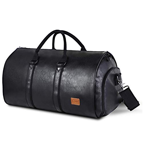 Carry On Garment Bag, Mens Garment Bag for Travel Business, Large Leather Duffel Bag with Shoe Compartment -Black