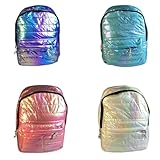 Mochila Holográfica Metalizada, Material Sintético, Efeito Iridescente Roxo Azul Rosa, 41x30x11cm, Alças Acolchoadas, Compartimento Principal com Bolso Frontal, 13L