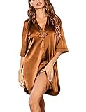 Ekouaer Women Satin Sleepshirt 3/4 Sleeve Nightgown Cute Sleepwear Pure Colour Silk Pajama Top Brown