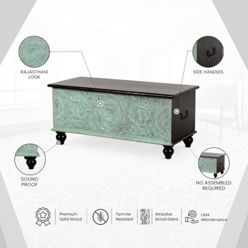 Image of Wooden Trunk Box for Storage | Solid Wood Coffee Table for Living Room | Handcrafted Center Tea Table with Sandook Storage for Living Room | Pitara for Home & Bedroom (Light Blue Distress)