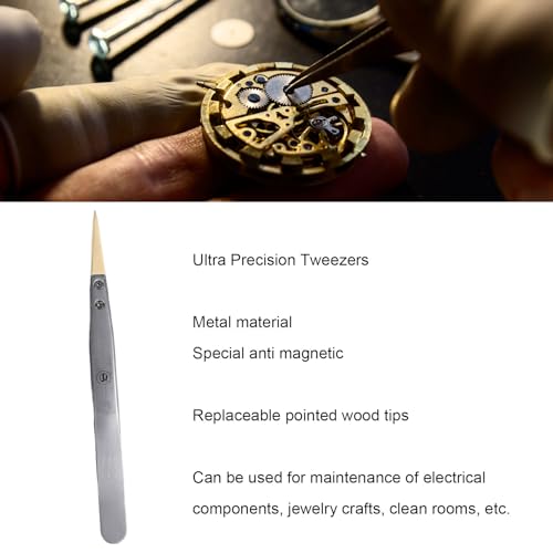 Ultra Precision Anti Magnetic Tweezers with Replaceable Pointed Wooden Tips Watch Repair Tool, Silver - Image 2