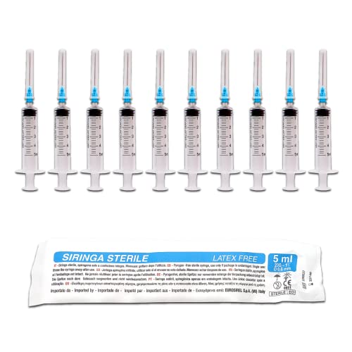 10 jeringas estériles de 5 ml/cc con 23Ga - 1¼ - Ø 0,6 mm - envasadas individualmente - Medición para laboratorios científicos, inyector para animales domésticos, suministro de tinta o pegamento
