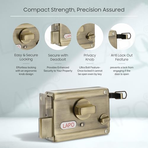 Image of LAPO Rim Lock, Dead Bolt Lock for Main & Safety Door, Twinbolt Ultra XL, Suitable for Single Wooden Door,3 Keys,Antique Finish,3 Years Warranty