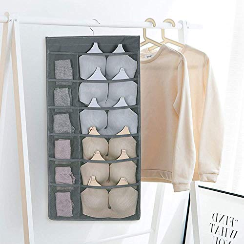 Double Sided 30 Pockets Clear Hanging Bag Socks Bra Underwear Rack Hanger Storage Organizer Wall Hanging Closet Shelves Storage Pockets-Grey (Fabric)