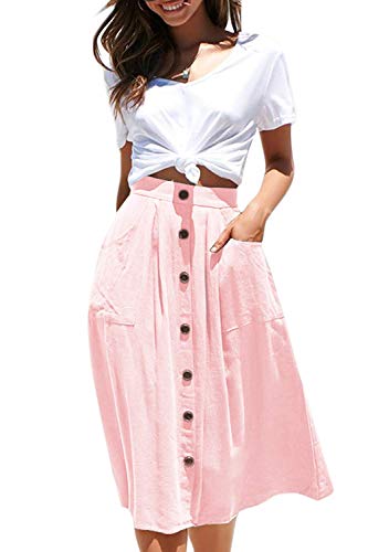 HENGAO Women s Midi Skirt Casual A Line Front Button High Waist Skirts with Pockets, 1- Pink, L
