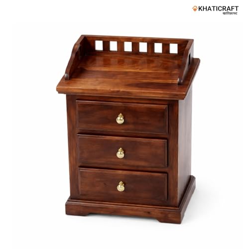 Image of Solid Sheesham Wood Kuber Bedside Table with 3 Drawer Storage for Bedroom Furniture | Wooden Bedside End Tables | Nightstand Side Table for Living Room, Home and Hotels (Honey Finish)
