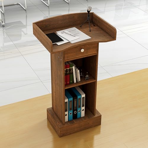 Atril de madera de diseño elegante con estante abierto y cajón organizador superior 2