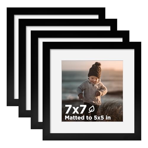 KINLINK 7x7 Frame Black Set of 4 Wooden Square Photo Frames Matted 5x5