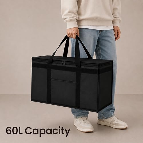 Image of NZ home Insulated Bags for Food Delivery (2XL) Grocery Shopping Cooler Bag, Pizza Delivery, Hot & Cold Catering Tote, Reusable, Foldable & Heavy Duty (2 Pack, Black)