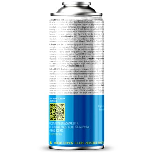FrostMEISTER 3in1 – Auto-Klimaanlagen-Nachfüllset (2X 400 ml Dose + Schlauch mit Manometer & Adapter) – Ersatzkältemittel, Kompressoröl & Dichtmittel für R1234yf (ab Baujahr 2017)