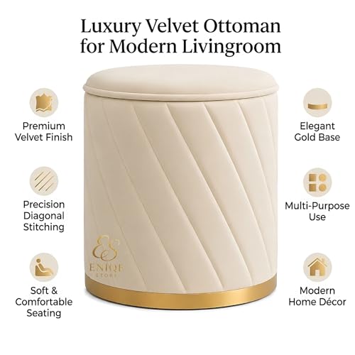 Image of Luxury Round Velvet Ottoman Stool with Gold Base - Modern Upholstered Footrest Pouffe, Tufted Vanity Seat, Living Room Bedroom Dressing Stool (Cream-2)