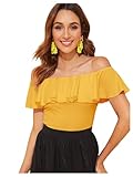WDIRARA Women's Stretchy Off Shoulder Flounce Sleeve Sexy Slim Blouse Tops Shirt Rich Yellow Medium