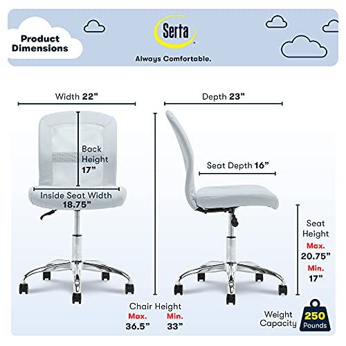Image of Serta Essential Armless Task Chair, Small Desk Chairs with Wheels, Breathable Mesh Back and Faux Leather, Quality Foam Cushion Seat for Comfort, Minimal Design for Vanity Table, Blue
