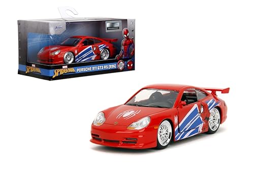 La Mejor Selección de Rojo marvel Top 10. 41 Jada Hollywood Rides Spider-Man Porsche 911 GT3 RS 1:32 - Pintura para vehículo Fundido a presión, Apertura de Puertas, Tema Marvel, diseño Rojo/Azul para niños y...