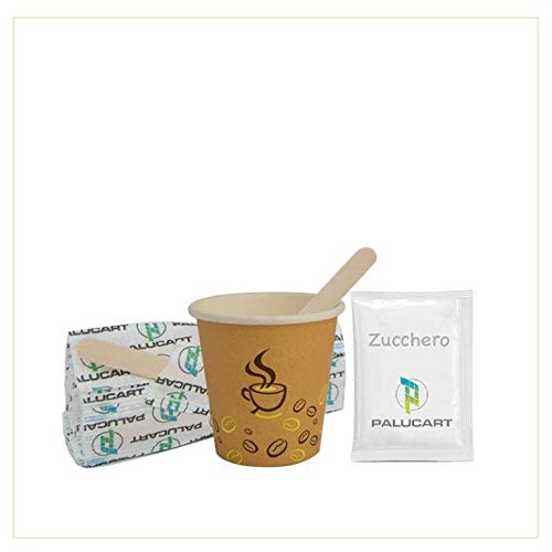 Palucart Sugar Kit Palette Glasses Set Biodegradable Accessories 150 Sugar Bags 150 Cardboard Cups 90 ml 150 Birch Wood Palettes