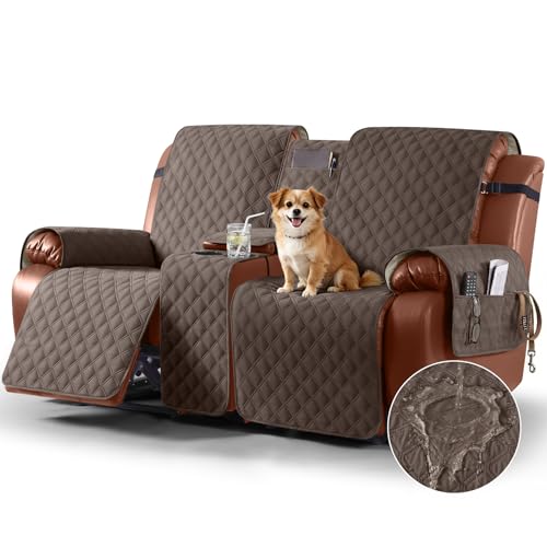 Image of Ruaozz Waterproof Loveseat Recliner Cover with Console Non-Slip Reclining Couch Covers Split Sofa Slipcovers with Elastic Straps Furniture Protector for Kids, Dogs, Pets(Brown, 2 Seater)