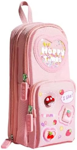 Parshya Kawaii Pencil Case 3 Compartment Cute Pencil Case Aesthetic Pencil Pouch for Girls Large Capacity Pen Pencil Pouch Multifunctional Stationery Organizer for School Office (Happy Time Pink)