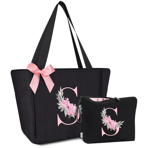 Vavabox Tote Bag, A-Z Initial Monogrammed Waterproof Tote Bag, Bridesmaid Gifts for Women, Black and Pink (S, Black Set) by Vavabox - Used condition - US$18.99