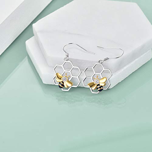 Image of LUHE Bee Earrings for Women 925 Sterling Silver Bumble Earrings with Honeycomb Honeybee Jewelry Dangle Gifts for Women