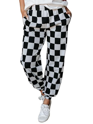 Sunloudy Womens Checkered Jogger Pant Elastic Waisted Color Block Gingham Loose Fitted Lounge Trouser Streetwear