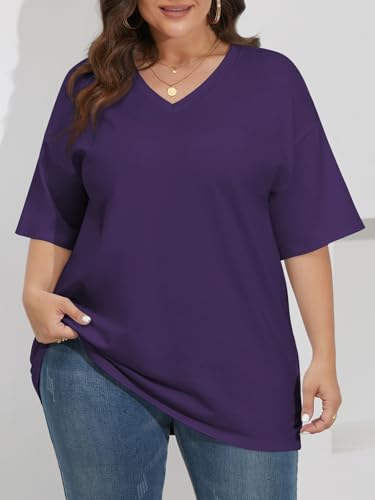 Image of ATHMILE Womens Oversized Shirts V Neck Plus Size Spring Workout Summer Tops Beach Vacation 2026 Gym Clothes Basic Tee