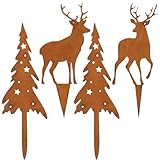 JOFONY Elch mit Tannen Rost Weihnachtsdeko 4er Set, Weihnachten Gartenstecker in Rostoptik, Hirsch Rost zum Stecken für Gartendeko Grabschmuck