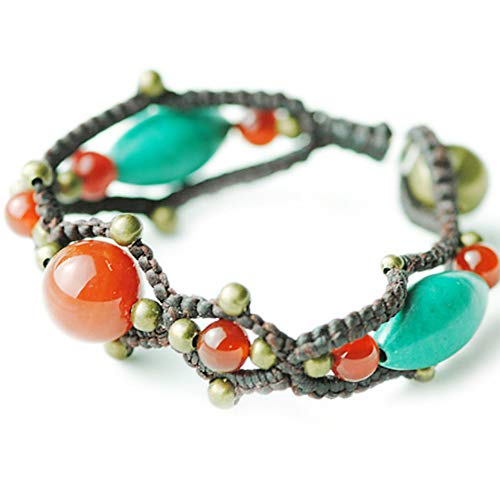 BBG Joyería étnica de Las Mujeres ágata roja Perlas de Cobre Turquesa Cuerda de Cera Pulsera Tejida a Mano Pulsera/Regalo de cumpleaños a los Amigos,Color,Pulsera
